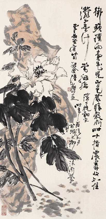 陆抑非 辛酉（1981）年作 牡丹 立轴